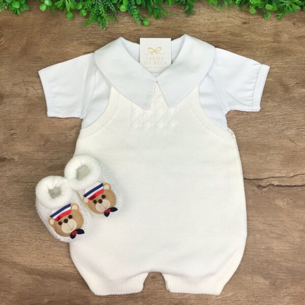 Romper em Tricot Branco com Body Manga Curta