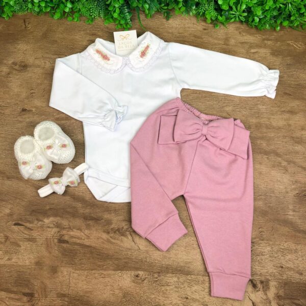 Conjunto de Body Flores Com Calça (Rosa Chá)