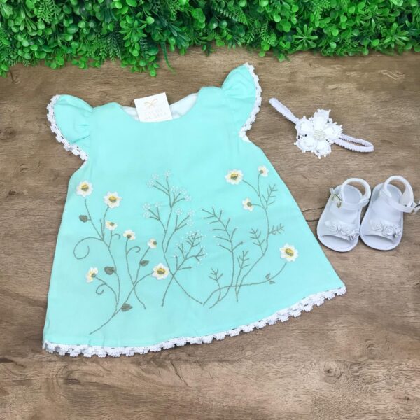 Vestido Trapézio Flores Verde Água