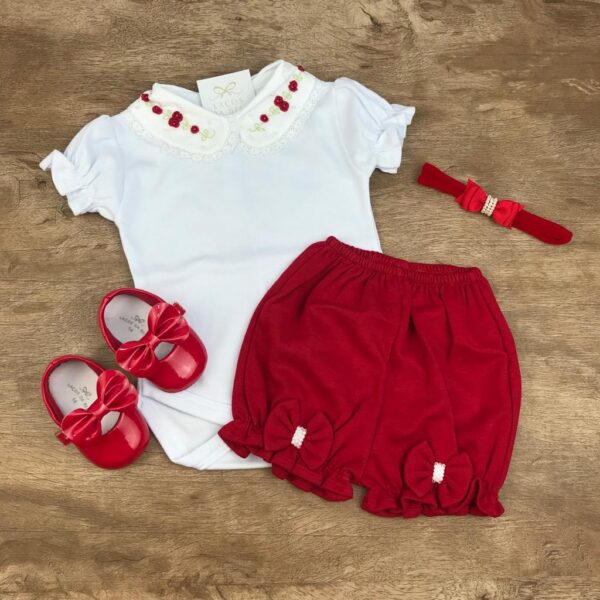 Conjunto Body Flores Rococó com Short Vermelho