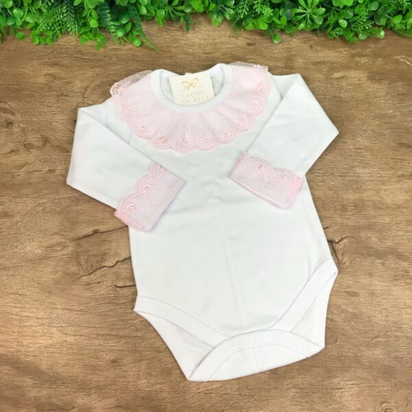 Body Branco em Algodão Gola Renda Rosa Bebê - Image 2