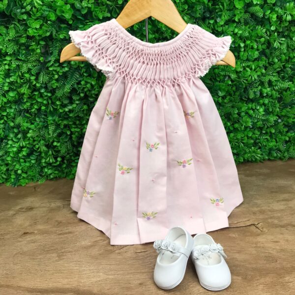 Vestido Casinha de Abelha Rosa Bebê Bordado Colorido