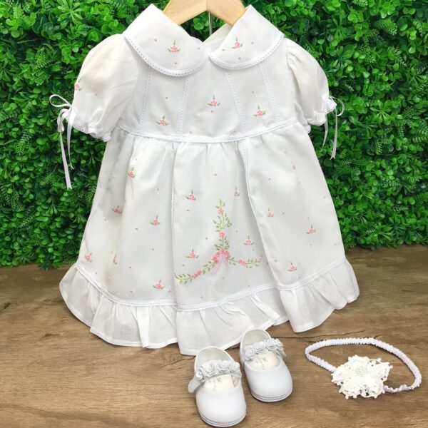 Vestido Maya Branco com Bordado Rosa